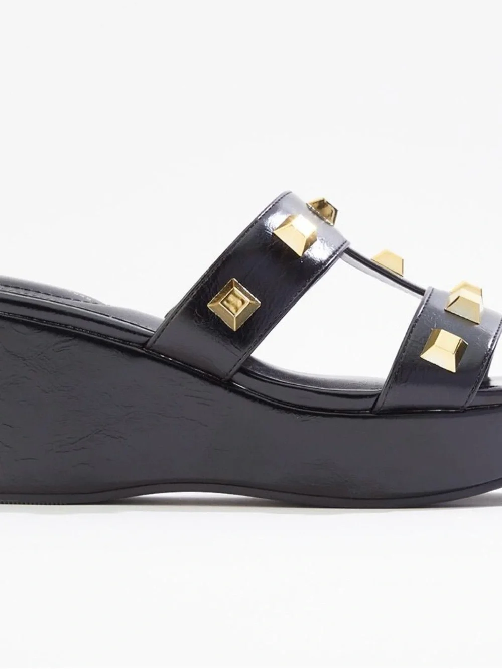 Black Studded Faux Leather Wedge Sandals 3 inch heel